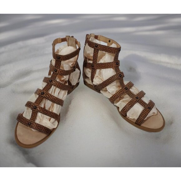 Lucky Brand Shoes - Lucky Brand Beverlee 7.5 Tan Greek Key Leather Flat Gladiator Sandals Cusion
